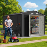 Asofer 10 x 10 FT Galvanized Metal Outdoor Storage Shed, Large Waterproof Garden Tool Shed, Lockable Double Doors & 4 Air Vents, All‑Weather Utility Building for Backyard Patio Lawn, Dark Gray