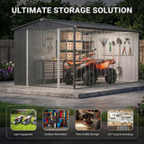 Asofer 10 x 10 FT Galvanized Metal Outdoor Storage Shed, Large Waterproof Garden Tool Shed, Lockable Double Doors & 4 Air Vents, All‑Weather Utility Building for Backyard Patio Lawn, Dark Gray
