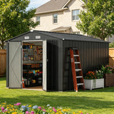 Asofer 10x10 FT Gray Galvanized Metal Storage Shed, Large All-Weather Utility Shed with Lockable Double Doors for Backyard Patio Lawn