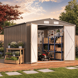 Asofer 10 x 10 FT Galvanized Metal Outdoor Storage Shed, Rustproof Utility Tool Shed, Lockable Double Doors & 4 Side Vents, Waterproof Building for Backyard Patio Lawn, Brown