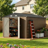 Asofer 10x10 FT Brown Galvanized Metal Storage Shed, Reinforced All-Weather Backyard Utility Shed with Lockable Double Doors & Top Vents