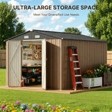 Asofer 10 x 10 FT Galvanized Metal Outdoor Storage Shed, Rustproof Utility Tool Shed, Lockable Double Doors & 4 Side Vents, Waterproof Building for Backyard Patio Lawn, Brown