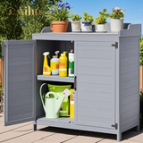 Outdoor Storage Cabinet & Potting Bench Table with Metal Top, Wooden Patio Furniture, Garden Workstation - Gray
