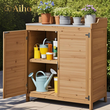 Outdoor Storage Cabinet & Potting Bench Table with Metal Top, Wooden Patio Furniture, Garden Workstation - Natural