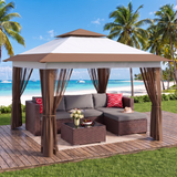 Patio Furniture Set - Includes 5 PCS Wicker Sectional sofa & 11x11 Pop Up Gazebo with Mosquito Netting, Beige Gazebo