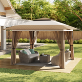 13 x 13 ft Patio Pop up Canopy Gazebo, Outdoor Foldable Canopy Tent with Mosquito Netting - Beige