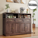 Coffee Bar with Charging Station, Lofka 51" Kitchen Storage Cabinet, Sideboard Buffet Cabinet with 2 Open Shelves, 4 Doors, 3 Drawers, Brown