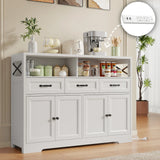 Coffee Bar with Charging Station, Lofka 51" Kitchen Storage Cabinet, Sideboard Buffet Cabinet with 2 Open Shelves, 4 Doors, 3 Drawers, White