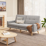 Convertible Sofa Bed, Lofka Couch Bed with Side Pocket, Wooden Legs, Adjustable Armrest and Backrest, Small Spaces, Light Gray