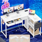 L Shaped Desk, Lofka 53"Gaming Desk Computer Desk Corner Desk with Power Outlets & Storage Shelves, Drawers, CPU Stand for Home Office, White