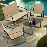 4 Piece Patio Furniture Set, Outdoor Conversation Set with 2 Textilene Rocking Chairs, 1 Loveseat and Bistro Glass Table, Brown