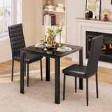 Dining Table Set for 2, 3 Pieces Glass Kitchen Table and PU Leather Chairs Set for Small Space, Black