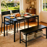 Lofka 4 Pcs Dining Table Set for 4, Kitchen Table with 2 Chairs, Bench & Storage Shelf, for Small Space Apartments, MDF, Black