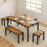 Dining Table Set for 4, Lofka 7 Pieces Kitchen Table with 2 Stools and 2 Benches for Living Room, Rustic Brown