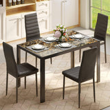 Dining Table Set for 4, Lofka Modern Glass Kitchen Table and 4 PU Leather Chairs, Breakfast Nook, Marble