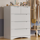 Dresser for Bedroom, 5 Drawer Dresser, Chest of Drawers with Large Storage Capacity, Cutout Handles, Deep Drawers, Smooth Metal Rail, White