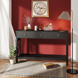 Asofer 3 Drawer Wooden Sofa Table with Outlets and USB Ports, Modern Accent Console Table with Metal Round Handles for Entrance Hall, Black