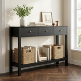 Asofer 3-Drawer Sofa Table, Modern Console with 2-Tier Open Shelf & Metal Round Handles, Large Storage for Entryway, Black