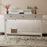 Asofer 3 Drawer Wooden Sofa Table with Outlets and USB Ports, Modern Accent Console Table with Metal Round Handles for Entrance Hall, White