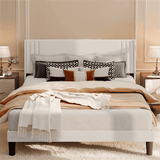Full Size Bed Frame, Metal Platform Bed Frame with Wingback Headboard Hold 850 lbs, Beige