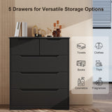 Asofer 5 Drawers Dresser, Bedroom Chest of Drawers, Sturdy Wood Dresser Organizer Cabinet, Easy Assembly, Black