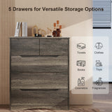 Dresser with 5 Drawers, Wood Tall Chest, Built-in Handle Drawers for Bedroom, Home, Living Room - Dark Brown
