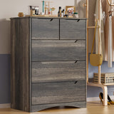 Dresser with 5 Drawers, Wood Tall Chest, Built-in Handle Drawers for Bedroom, Home, Living Room - Dark Brown