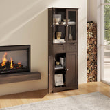 Asofer 67" Storage Cabinet, Tall w/Glass Door & 2 Drawers, Dark Brown