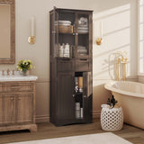Asofer 67" Storage Cabinet, Tall w/Glass Door & 2 Drawers, Dark Brown