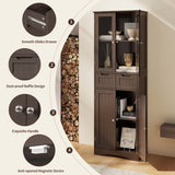 Asofer 67" Storage Cabinet, Tall w/Glass Door & 2 Drawers, Dark Brown