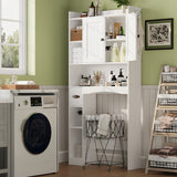 Over The Toilet Storage Cabinet with 2 Doors, Paper Holder and Racks, Adjustable Shelf, Bottom Bar, for Bathroom, Laundry - White