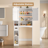 Over The Toilet Storage Cabinet with 2 Doors, Paper Holder and Racks, Adjustable Shelf, Bottom Bar, for Bathroom, Laundry - White