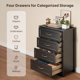 4 Drawer Dresser for Bedroom, Tall Wood Dresser with Large Drawer & Delicate Handles for Closet, Living Room, Hallway - Black