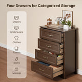 4 Drawer Dresser for Bedroom, Tall Wood Dresser with Large Drawer & Delicate Handles for Closet, Living Room, Hallway - Dark Brown