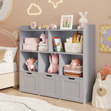 Asofer Kids Bookshelf with 3 Movable Drawers and 6 Open Shelves, Toy Chest Storage Bookcase for Playroom Kids Room, Gray