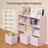Asofer Kids Bookshelf with 3 Movable Drawers and 6 Open Shelves, Toy Chest Storage Bookcase for Playroom Kids Room, Pink
