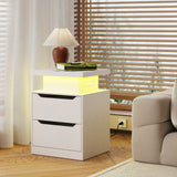Asofer Nightstand with Charging Station, 2 Drawers, LED Lights - Modern Wood Bedside Table,White