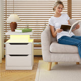 Asofer Nightstand with Charging Station, 2 Drawers, LED Lights - Modern Wood Bedside Table,White