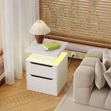 Asofer Nightstand with Charging Station, 2 Drawers, LED Lights - Modern Wood Bedside Table,White