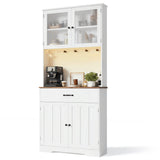 Asofer 71" H Farmhouse Pantry Cabinet with LED Lights, Charging Station, Doors & Drawers, Retro
