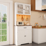 Asofer 71" H Farmhouse Pantry Cabinet with LED Lights, Charging Station, Doors & Drawers, Retro