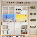 Asofer 71" H Farmhouse Pantry Cabinet with LED Lights, Charging Station, Doors & Drawers, Retro
