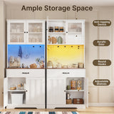 Asofer 71" H Farmhouse Pantry Cabinet with LED Lights, Charging Station, Doors & Drawers, Retro