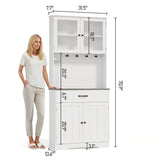 Asofer 71" H Farmhouse Pantry Cabinet with LED Lights, Charging Station, Doors & Drawers, Retro