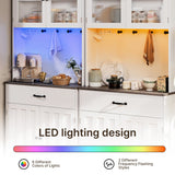 71" H Pantry Cabinet with Charging Station & LED Lights, Asofer Tall Farmhouse Kitchen Storage Cabinet，Modern Coffee Bar with Doors and Drawers, for Dining Room,Gray