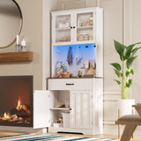 71" H Pantry Cabinet with Charging Station & LED Lights, Asofer Tall Farmhouse Kitchen Storage Cabinet，Modern Coffee Bar with Doors and Drawers, for Dining Room,Gray
