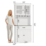 71" H Pantry Cabinet with Charging Station & LED Lights, Asofer Tall Farmhouse Kitchen Storage Cabinet，Modern Coffee Bar with Doors and Drawers, for Dining Room,Gray