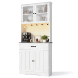 71" H Pantry Cabinet with Charging Station & LED Lights, Asofer Tall Farmhouse Kitchen Storage Cabinet，Modern Coffee Bar with Doors and Drawers, for Dining Room,Gray