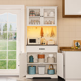 71" Farmhouse Kitchen Pantry Storage Cabinet, Modern Coffee Hutch with Doors, Shelves & Microwave Stand, Cupboard for Dining Room - White+Gray