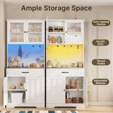 Asofer 71" H Farmhouse Pantry Cabinet with LED Lights, Charging Station, Doors & Drawers, Gray